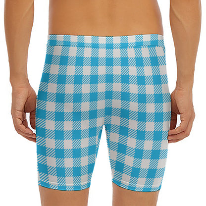 Azure Blue And White Gingham Print Men's Long Boxer Briefs