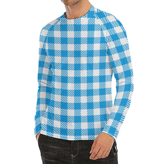 Azure Blue And White Gingham Print Men's Long Sleeve Rash Guard