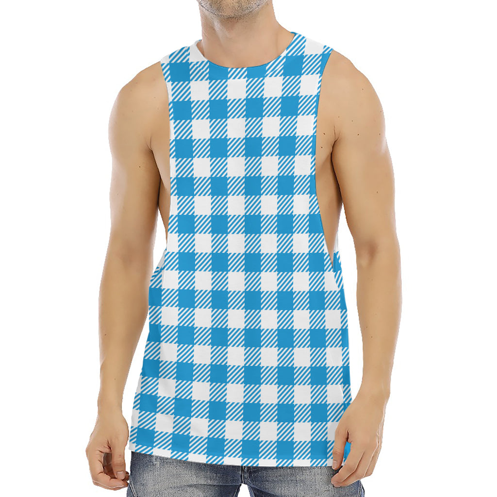 Azure Blue And White Gingham Print Men's Muscle Tank Top