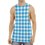 Azure Blue And White Gingham Print Men's Muscle Tank Top