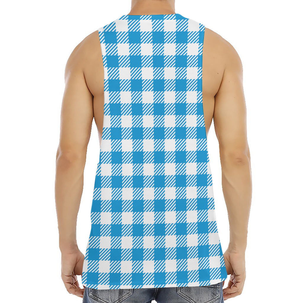 Azure Blue And White Gingham Print Men's Muscle Tank Top