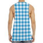 Azure Blue And White Gingham Print Men's Muscle Tank Top