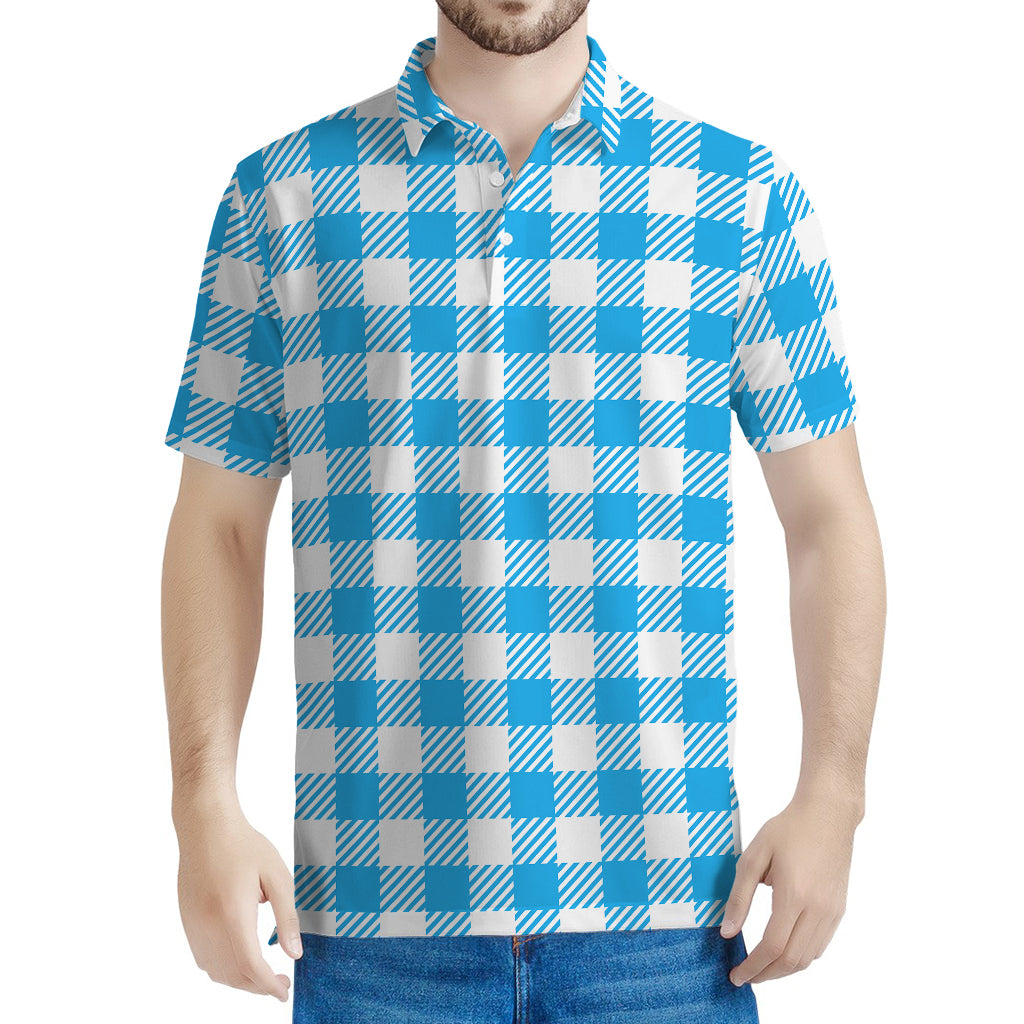 Azure Blue And White Gingham Print Men's Polo Shirt