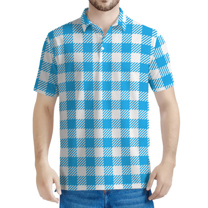 Azure Blue And White Gingham Print Men's Polo Shirt
