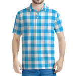 Azure Blue And White Gingham Print Men's Polo Shirt