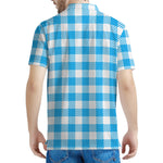 Azure Blue And White Gingham Print Men's Polo Shirt