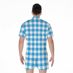 Azure Blue And White Gingham Print Men's Rompers
