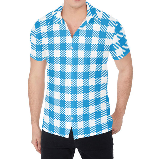 Azure Blue And White Gingham Print Men's Shirt