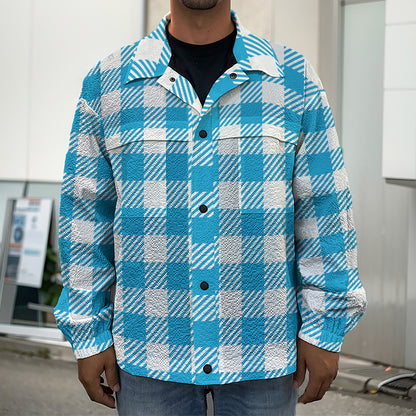 Azure Blue And White Gingham Print Men's Shirt Jacket