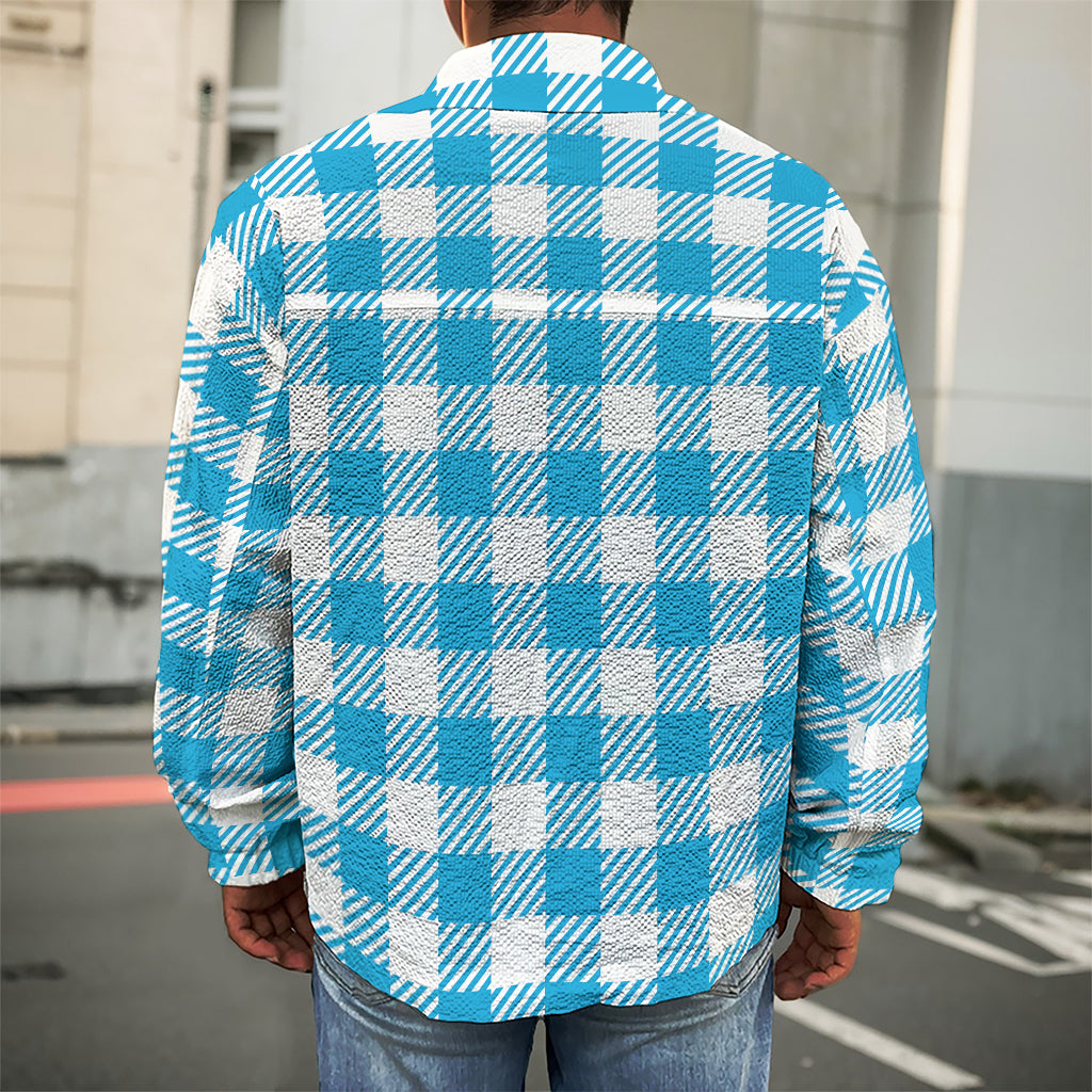 Azure Blue And White Gingham Print Men's Shirt Jacket