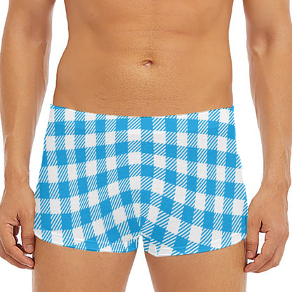 Azure Blue And White Gingham Print Men's Short Boxer Briefs