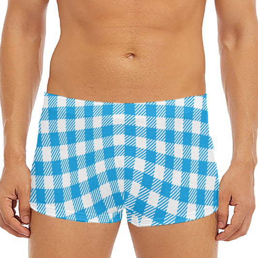 Azure Blue And White Gingham Print Men's Short Boxer Briefs