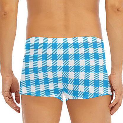 Azure Blue And White Gingham Print Men's Short Boxer Briefs