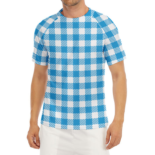 Azure Blue And White Gingham Print Men's Short Sleeve Rash Guard