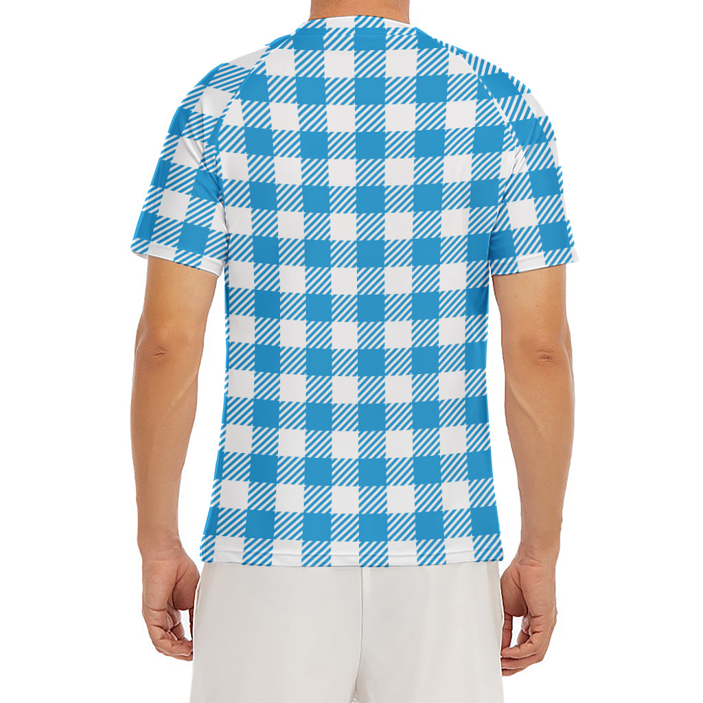 Azure Blue And White Gingham Print Men's Short Sleeve Rash Guard
