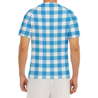 Azure Blue And White Gingham Print Men's Short Sleeve Rash Guard