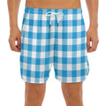 Azure Blue And White Gingham Print Men's Split Running Shorts