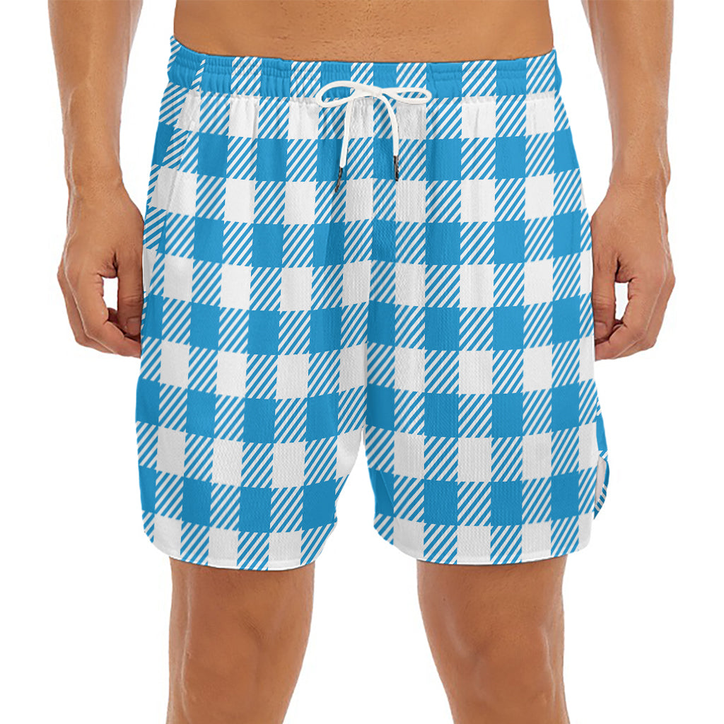 Azure Blue And White Gingham Print Men's Split Running Shorts