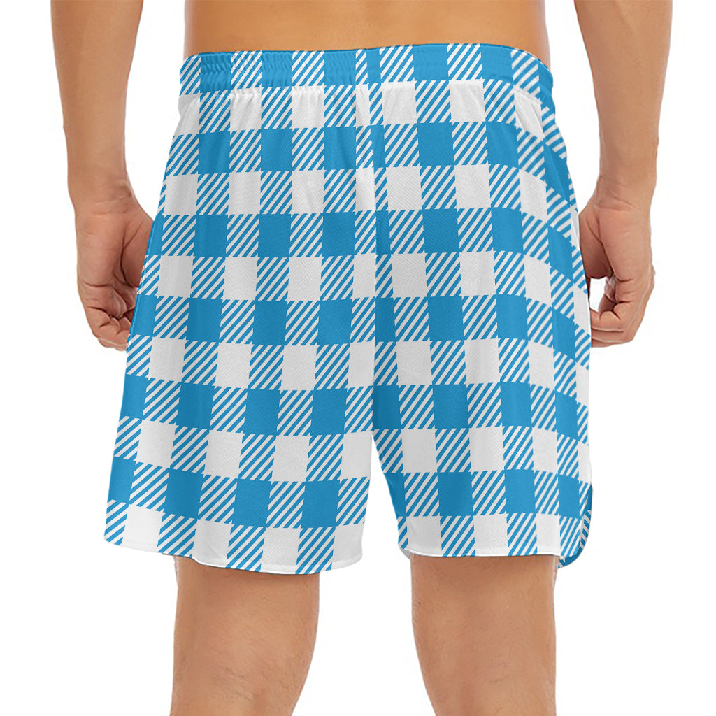 Azure Blue And White Gingham Print Men's Split Running Shorts
