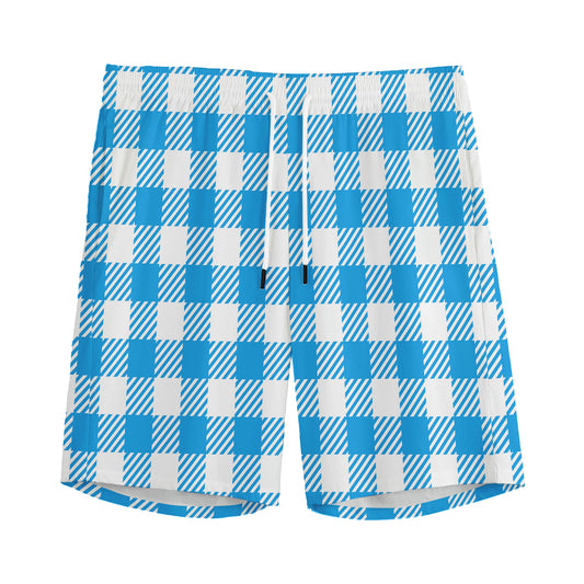 Azure Blue And White Gingham Print Men's Sports Shorts