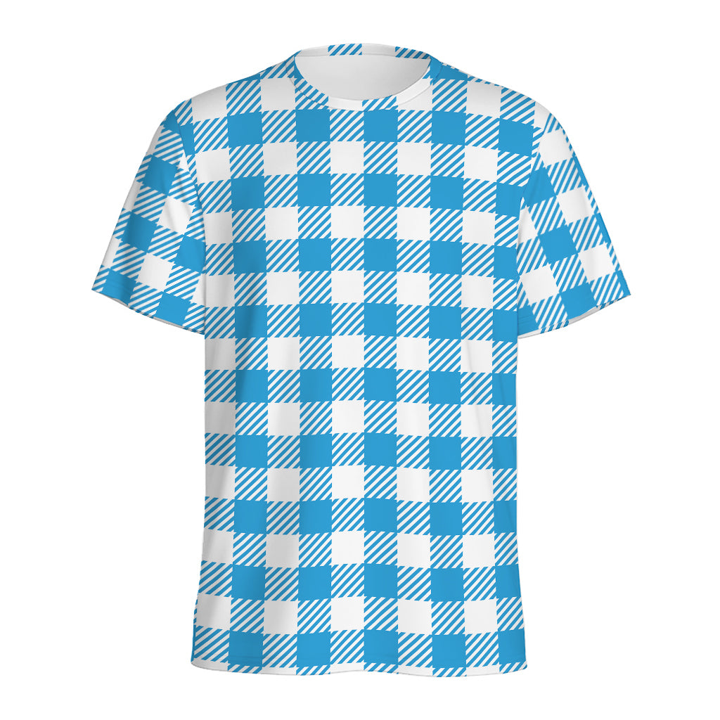 Azure Blue And White Gingham Print Men's Sports T-Shirt