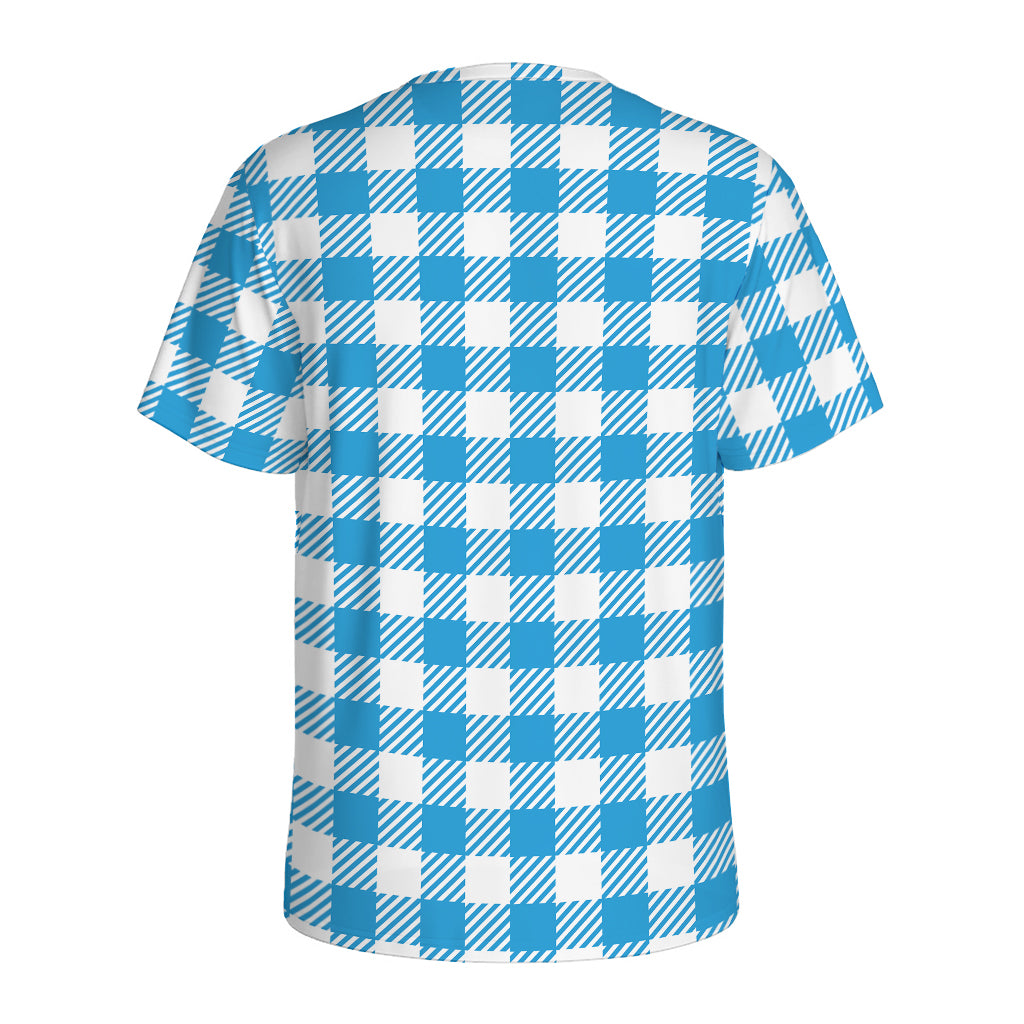 Azure Blue And White Gingham Print Men's Sports T-Shirt