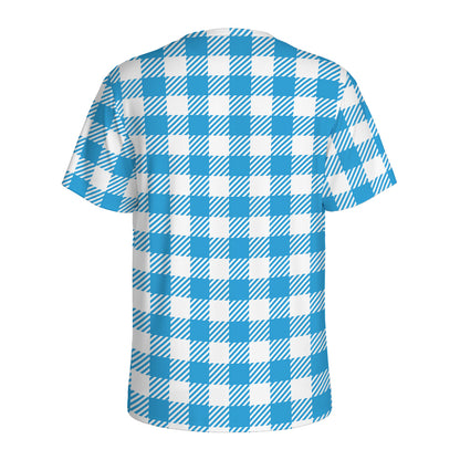Azure Blue And White Gingham Print Men's Sports T-Shirt