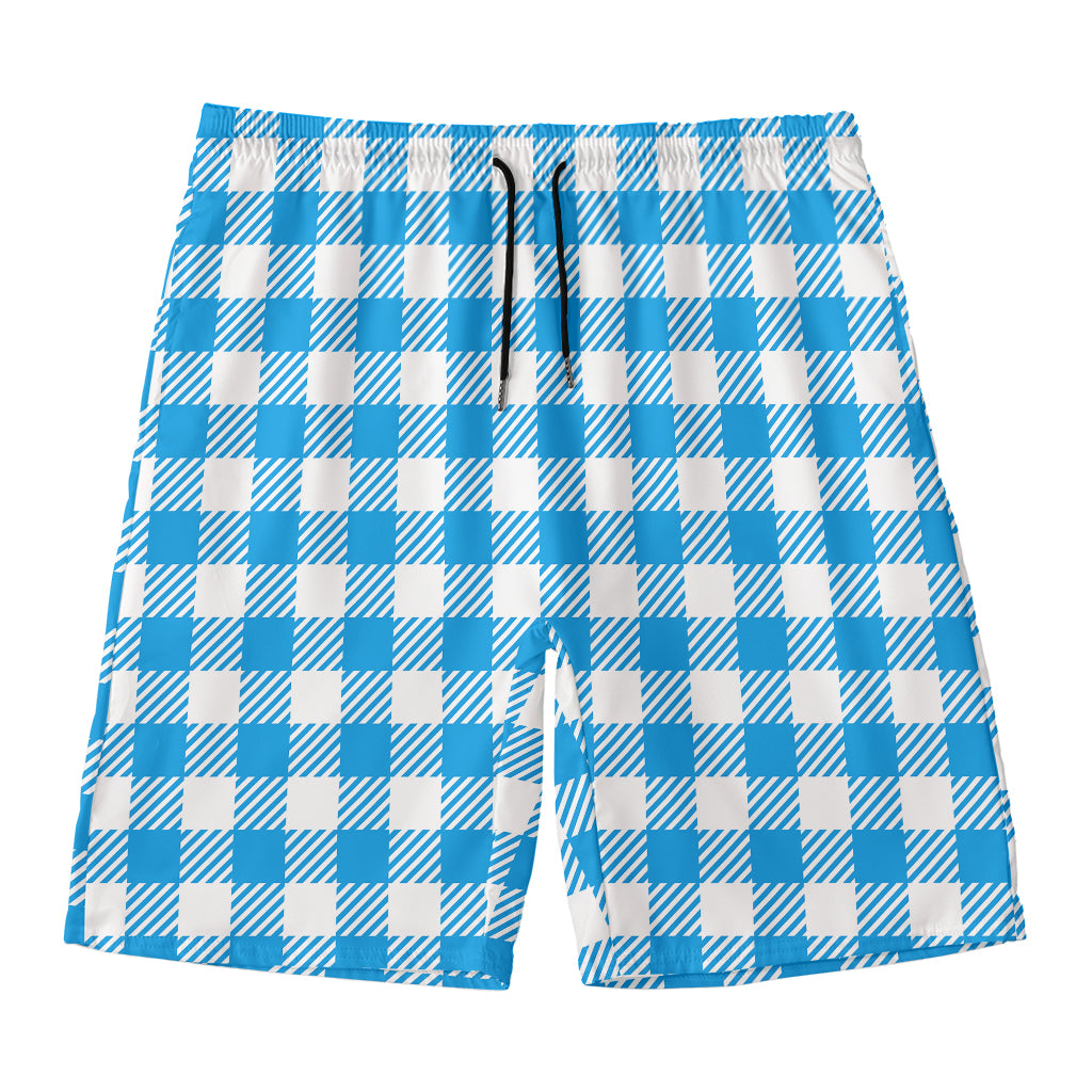Azure Blue And White Gingham Print Men's Swim Trunks