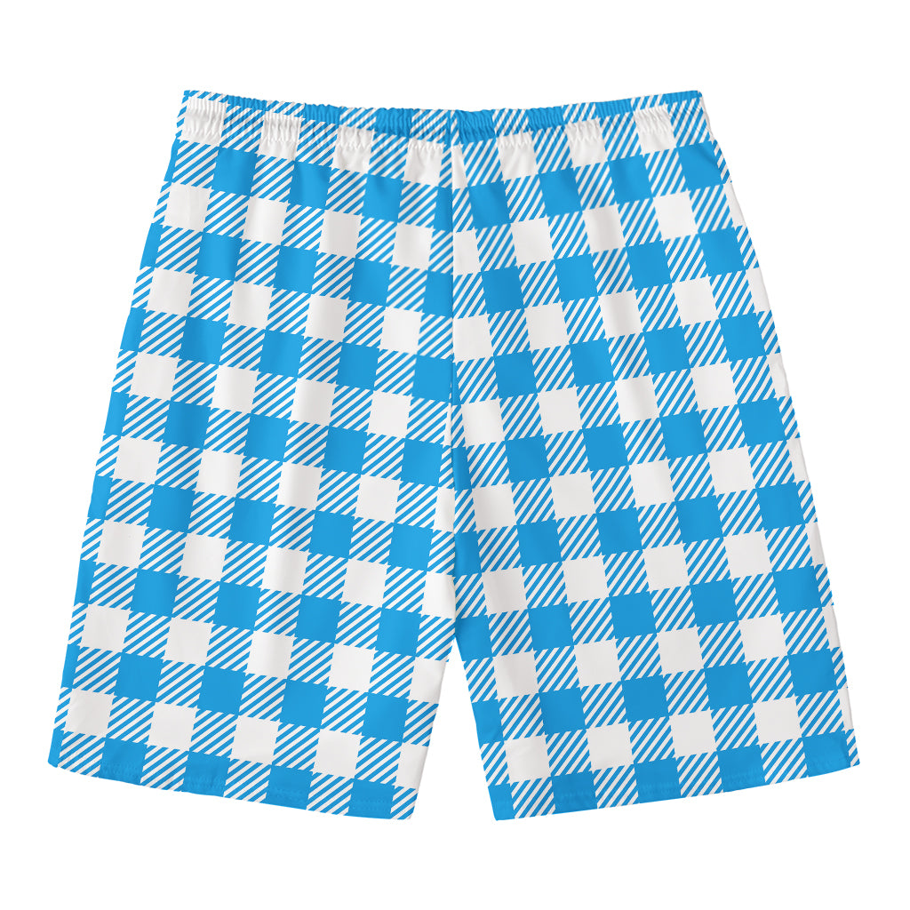 Azure Blue And White Gingham Print Men's Swim Trunks