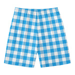 Azure Blue And White Gingham Print Men's Swim Trunks