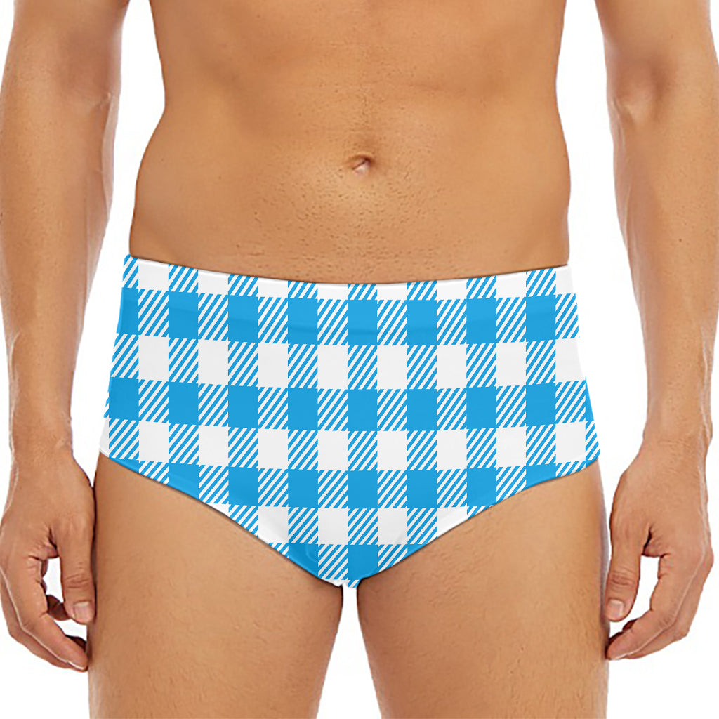Azure Blue And White Gingham Print Men's Triangle Swim Briefs