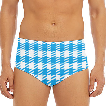 Azure Blue And White Gingham Print Men's Triangle Swim Briefs