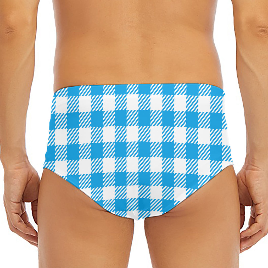 Azure Blue And White Gingham Print Men's Triangle Swim Briefs