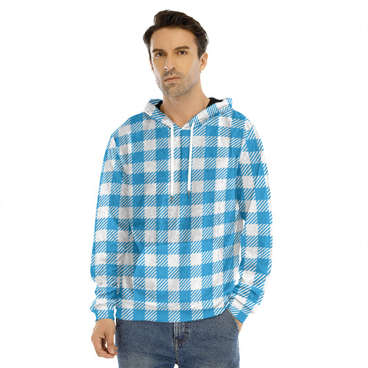 Azure Blue And White Gingham Print Men's Velvet Pullover Hoodie