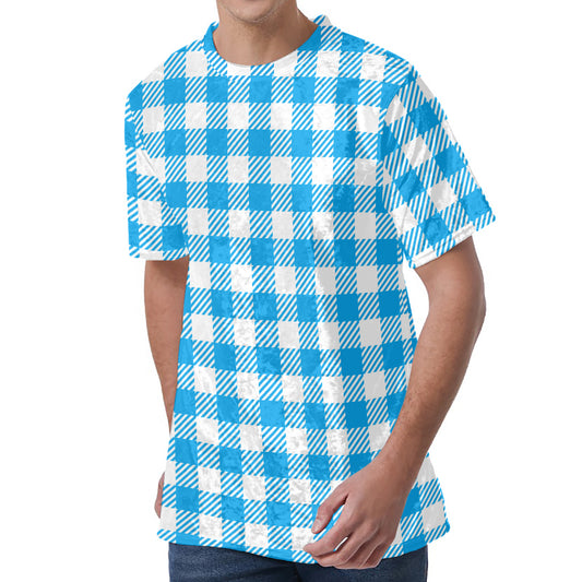 Azure Blue And White Gingham Print Men's Velvet T-Shirt