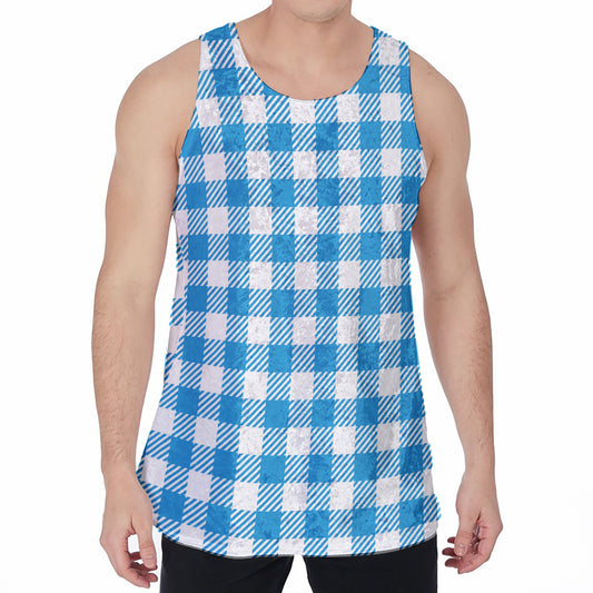 Azure Blue And White Gingham Print Men's Velvet Tank Top