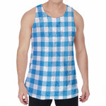 Azure Blue And White Gingham Print Men's Velvet Tank Top