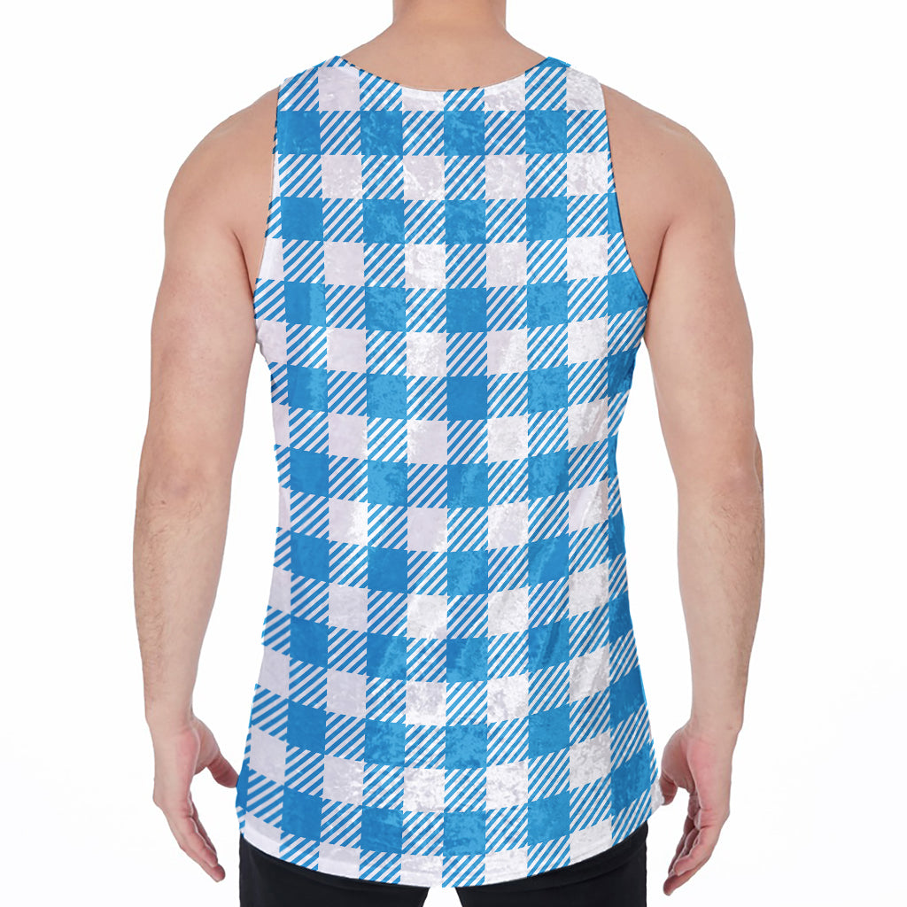 Azure Blue And White Gingham Print Men's Velvet Tank Top