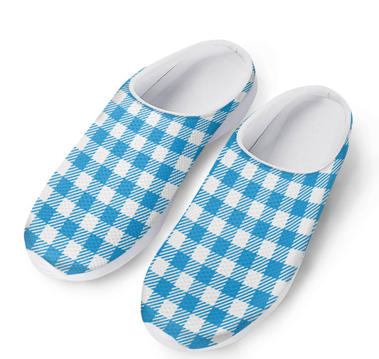 Azure Blue And White Gingham Print Mesh Casual Shoes