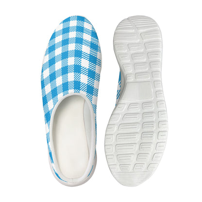 Azure Blue And White Gingham Print Mesh Casual Shoes