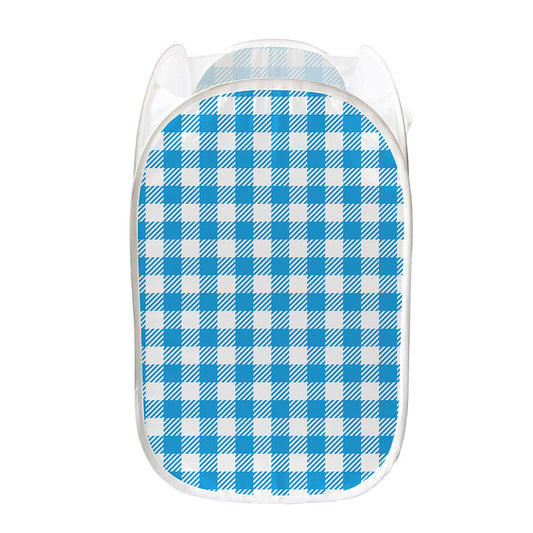 Azure Blue And White Gingham Print Mesh Laundry Hamper