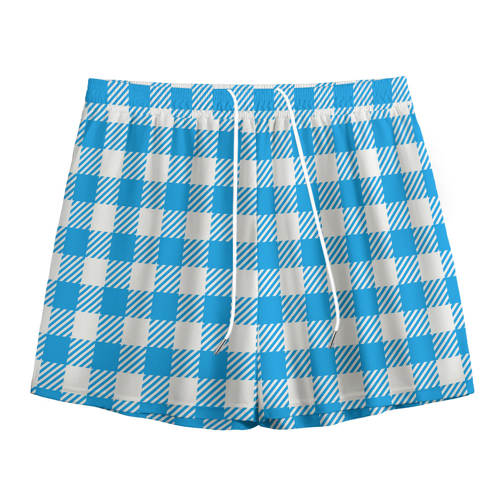 Azure Blue And White Gingham Print Mesh Shorts