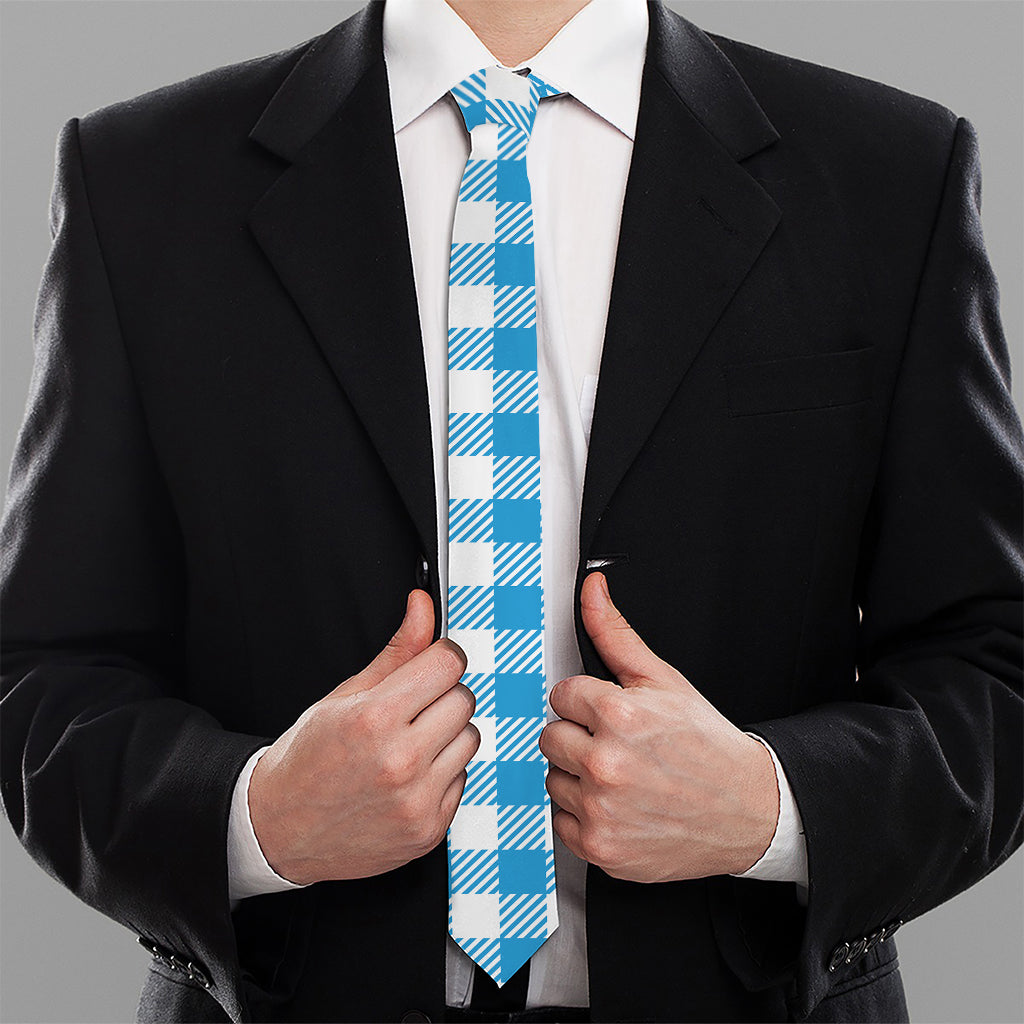 Azure Blue And White Gingham Print Necktie