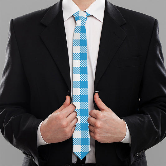 Azure Blue And White Gingham Print Necktie