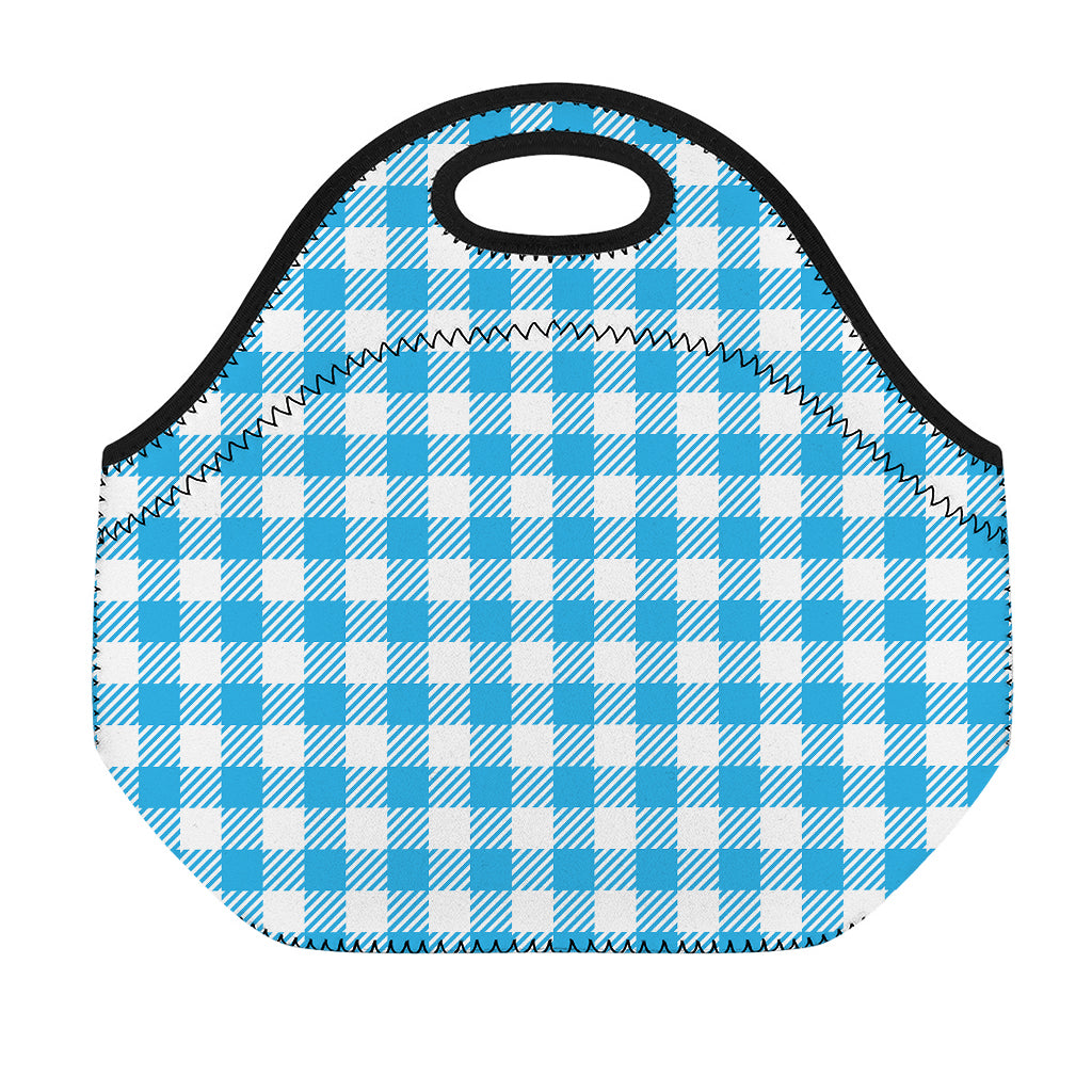 Azure Blue And White Gingham Print Neoprene Lunch Bag