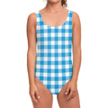 Azure Blue And White Gingham Print One Piece Swimsuit
