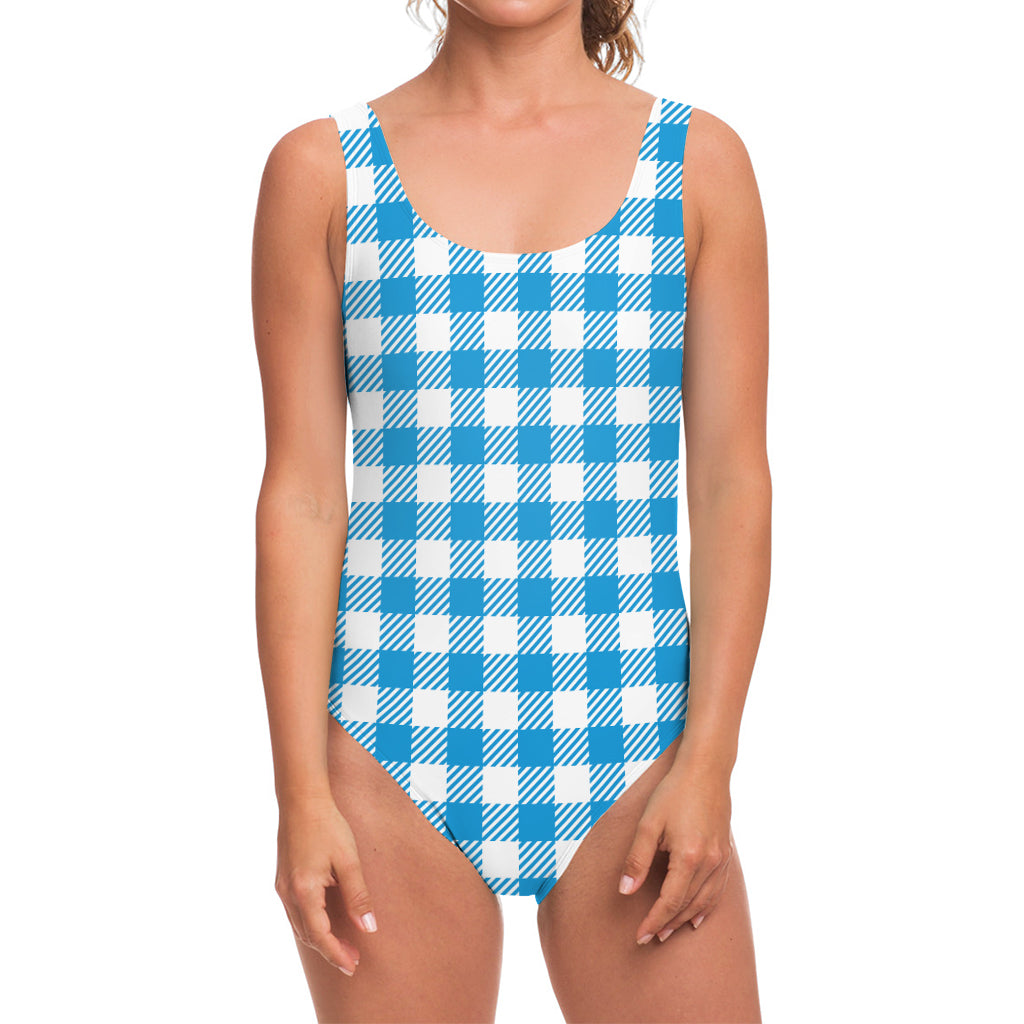 Azure Blue And White Gingham Print One Piece Swimsuit