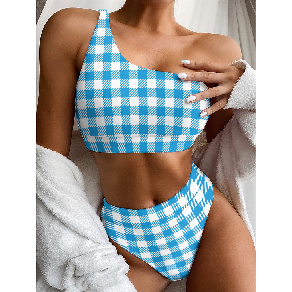 Azure Blue And White Gingham Print One Shoulder Bikini Top