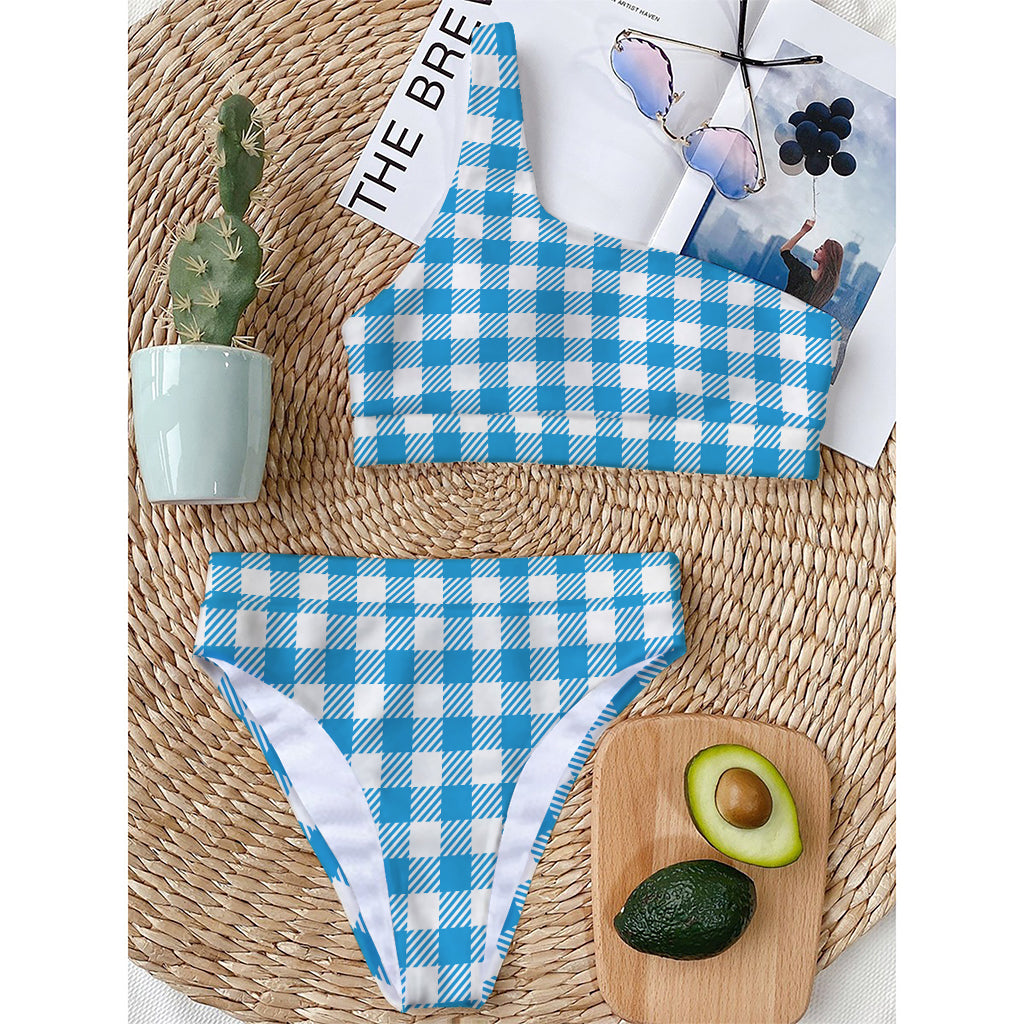 Azure Blue And White Gingham Print One Shoulder Bikini Top