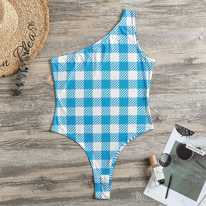 Azure Blue And White Gingham Print One Shoulder Bodysuit